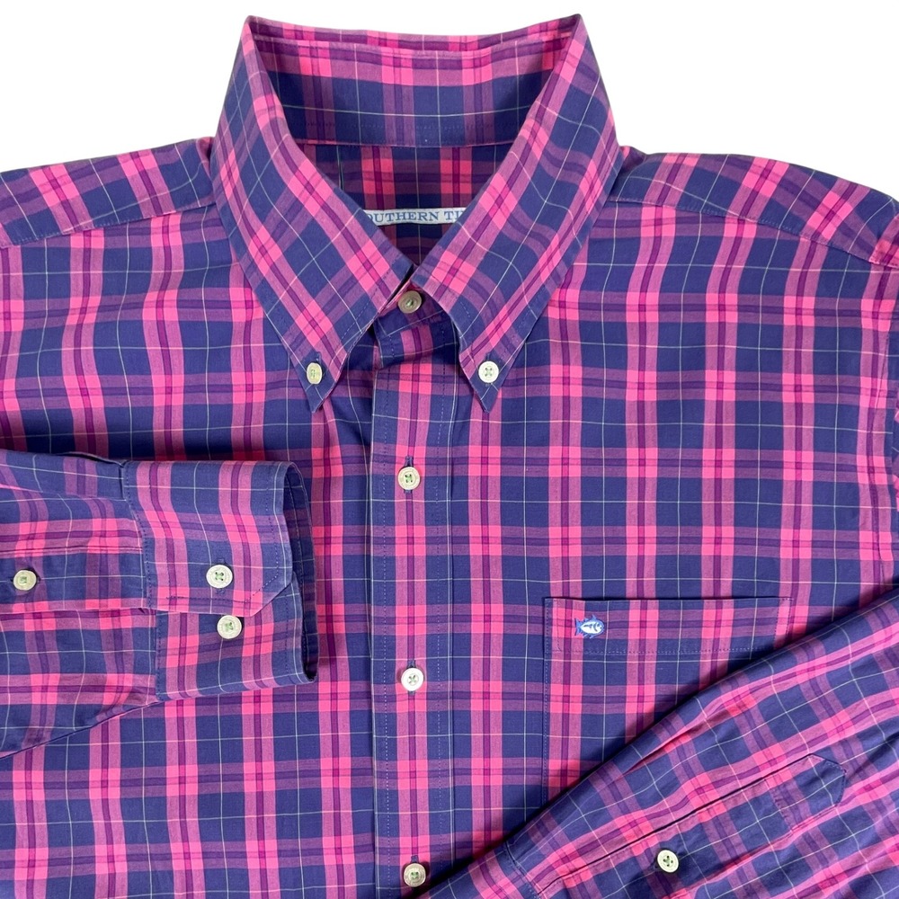 Southern Tide Shirt Mens XL Pink Blue Plaid Button Down Skipjack Long Sleeve